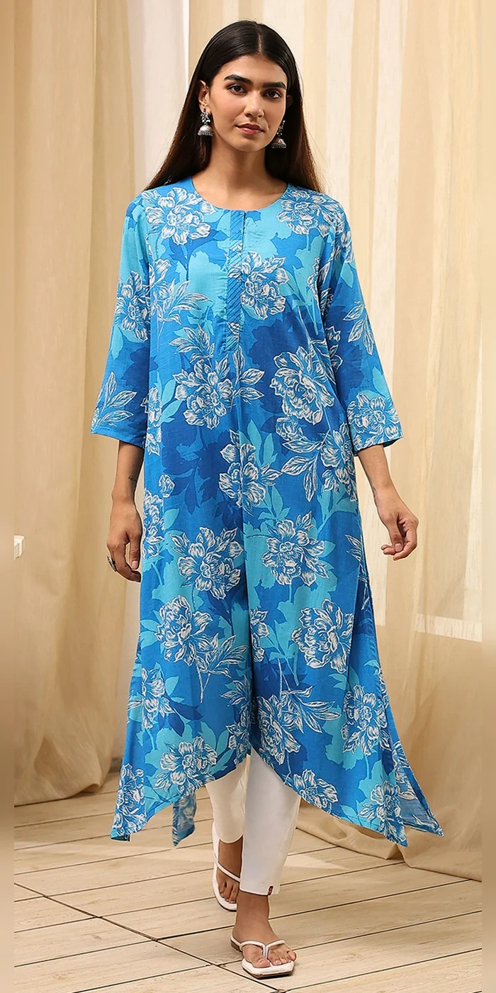 Biba  Women Blue Floral Printed Asymmetric Kurta  | Best Price UAE