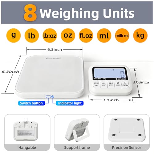 UNIWEIGH Digital Kitchen Food Scale 33lb-Detachable LCD Display,1g/0.1oz Precise Electronic Weight Scale for Baking, Tare/Hold/Timer Function, Glass Platform, Count Mode, Wall-Mount & Tilt Stand - Image 3