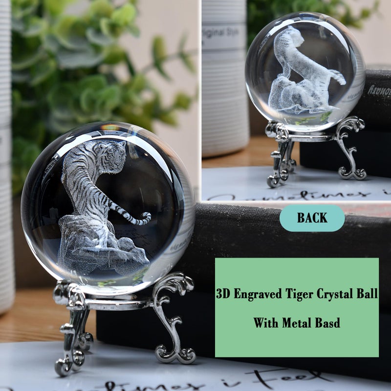 Ifolaina 3D Tiger Crystal Ball Tiger Figurines In Crystal Ball 60Mm Decor White Tiger Collectibles Decorative Globes Gift Glass Sphere Home Decor With Stand - Image 3