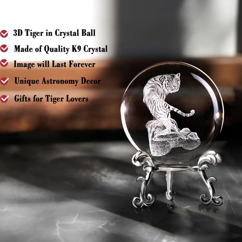 Ifolaina 3D Tiger Crystal Ball Tiger Figurines In Crystal Ball 60Mm Decor White Tiger Collectibles Decorative Globes Gift Glass Sphere Home Decor With Stand - Image 4