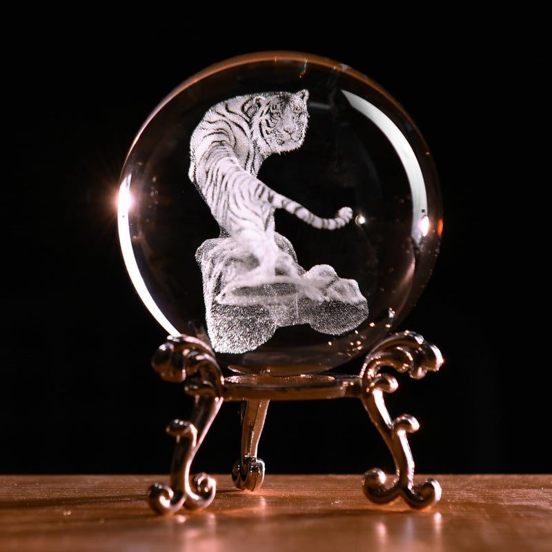 Ifolaina 3D Tiger Crystal Ball Tiger Figurines In Crystal Ball 60Mm Decor White Tiger Collectibles Decorative Globes Gift Glass Sphere Home Decor With Stand - Image 1