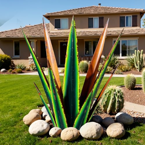 KODIBO 24 Large Metal Agave Plants Outdoor Decor Vintage Green Tequila Rustic Sculpture Outdoor Statues Agave Metal Plants for Yard Garden Lawn OrnamentsArtisan Metal Agave Landscape Decor - Image 1