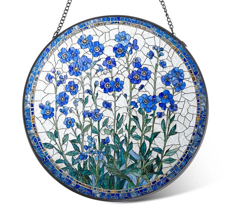 LITIVY Forget-Me-Not Flower Stained Glass Suncatcher,5.9 Inch Handmade Blue Floral Window Hanging Decor - Garden, Sun Catcher Home Decor for Women, Mom, Aunt, Grandma (Small) - Image 1