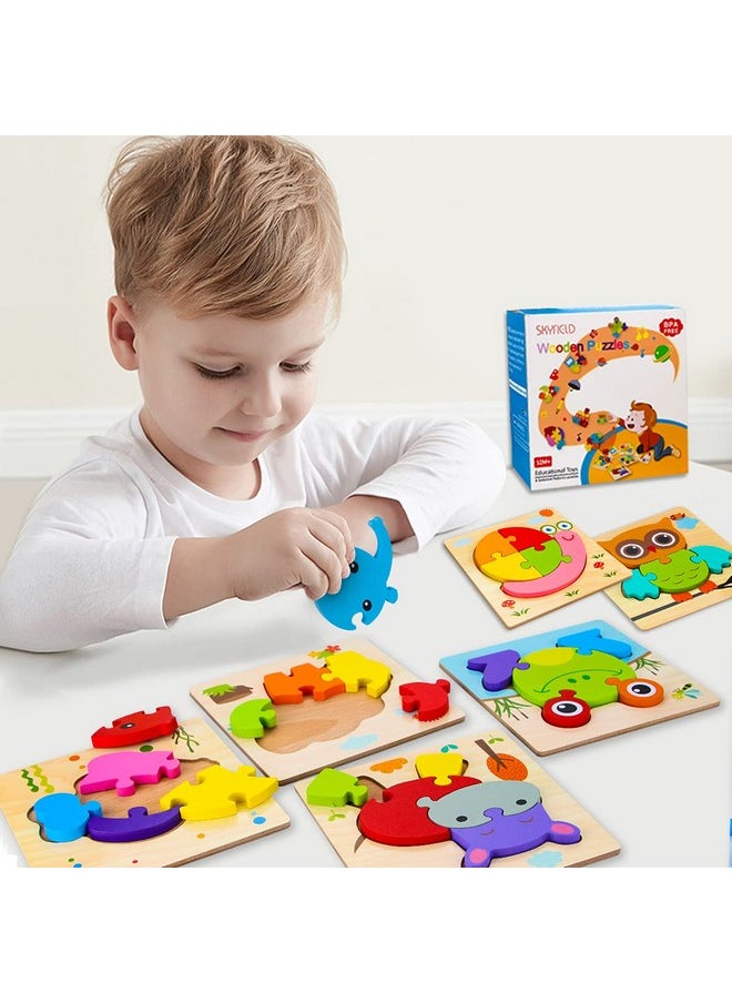 SKYFIELD - Wooden Animal Puzzles For 1 2 3 Years Old Boys Girls, Toddler Educational Developmental Toys Gift With 6 Animals Baby Montessori Color Shapes Learning Puzzles - Image 1