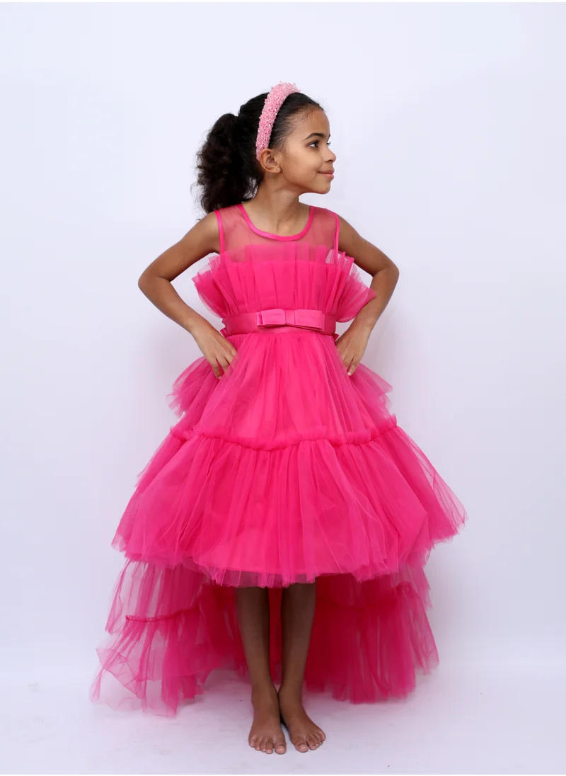 D'Daniela Toddler Girls Bow Front Ruffle Hem Mesh Gown Dress Hot Pink with Long Tail