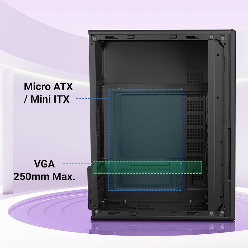 ZEBRONICS فورس، هيكل كمبيوتر، Micro ATX/Mini ITX، USB x 2، صوت أمامي، لوحة جانبية مثقوبة، مزود طاقة مثبت في الأعلى - Image 3