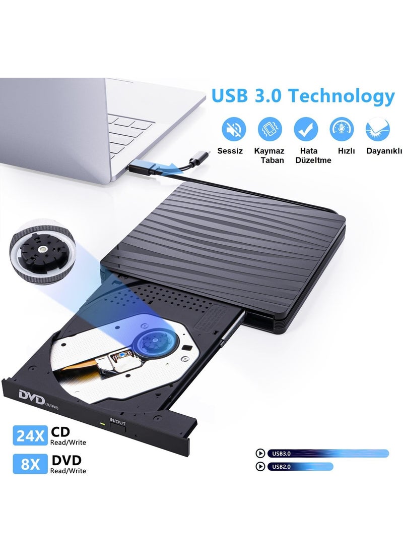Upway - DVD Rw USB 3.0 Type-C Slim External CD DVD Writer Reader for MacBook iMac WINDOWS11 - Image 1