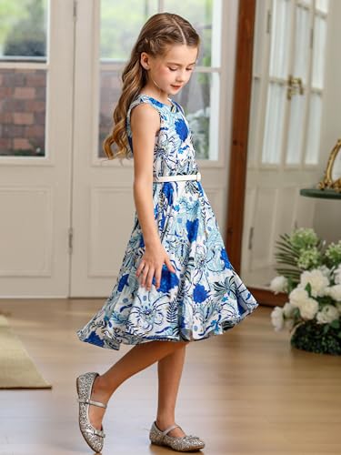 Bonny Billy Girls Classy Vintage Sleeveless Floral Swing Party Dresses 5t 6t Blue - Image 2