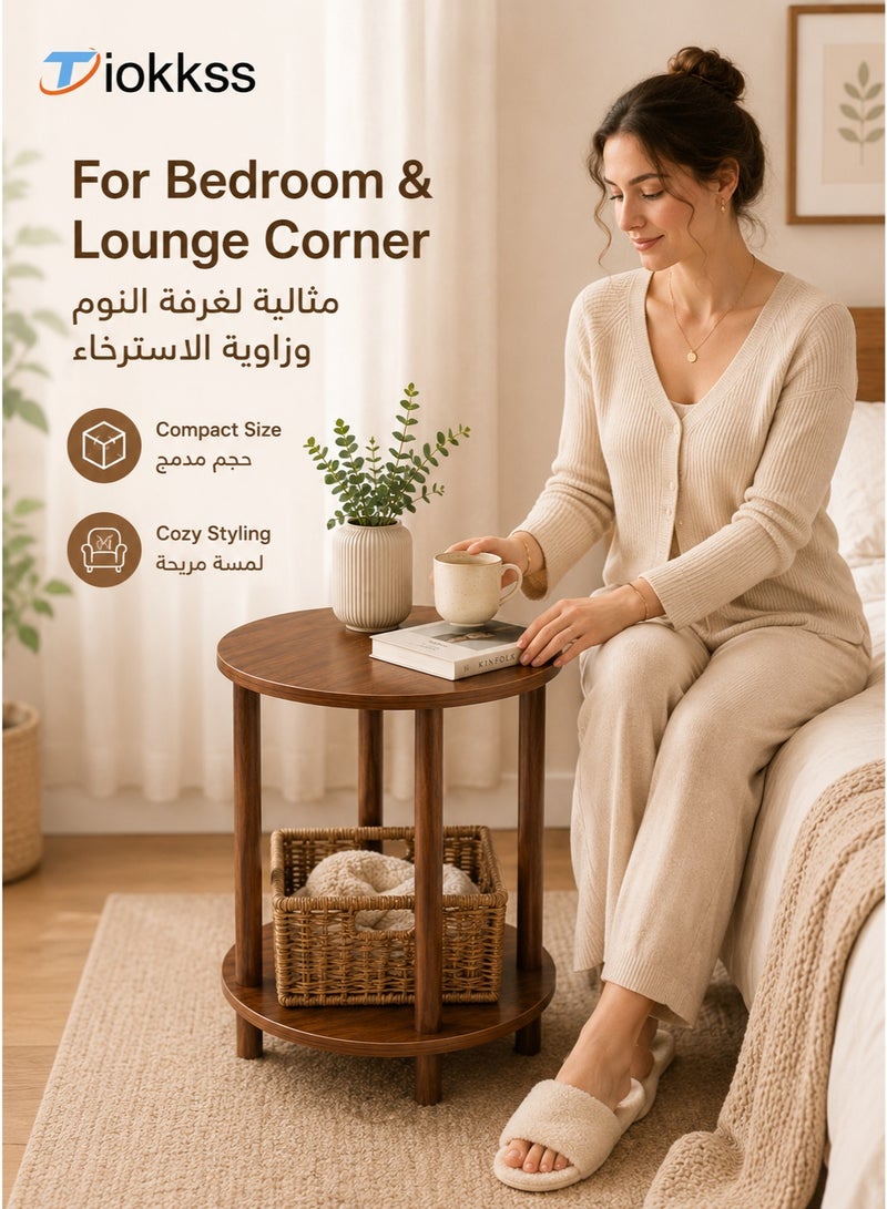 Tiokkss Round 2-Tier Side Table, 40cm Wood-Look Coffee Table With Lower Storage Shelf, Compact Sofa Side Table For Living Room Bedroom Reading Corner, Brown - Image 5