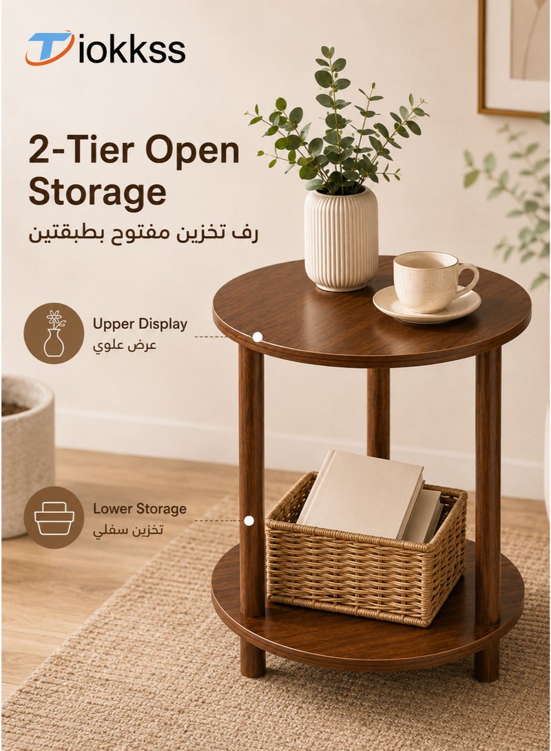 Tiokkss Round 2-Tier Side Table, 40cm Wood-Look Coffee Table With Lower Storage Shelf, Compact Sofa Side Table For Living Room Bedroom Reading Corner, Brown - Image 3