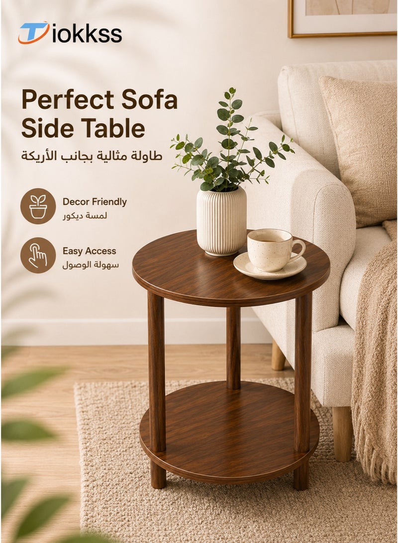 Tiokkss Round 2-Tier Side Table, 40cm Wood-Look Coffee Table With Lower Storage Shelf, Compact Sofa Side Table For Living Room Bedroom Reading Corner, Brown - Image 2