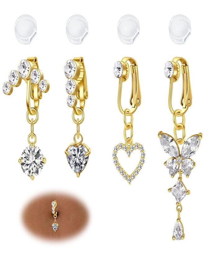DJCIW Fake Belly Button Ring, Non Piercing Gold Navel Jewelry with Sparkling White CZ Heart, Butterfly, and Floral Design Clip On Belly Ring Earring for Women