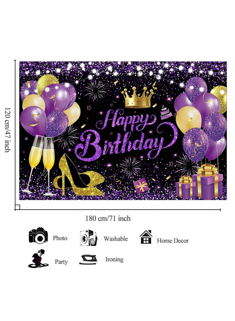 KASTWAVE Happy Birthday Backdrop - Glitter Purple Gold, 180x120 cm (71x47 in) Black, Purple, and Gold Photography Background Cloth, Elegant Birthday Banner and Sign Decoration for Women - Image 4