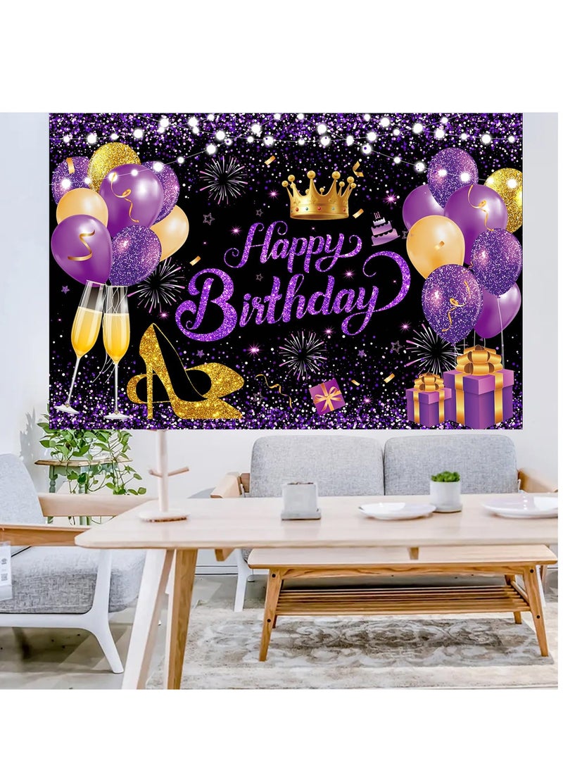 KASTWAVE Happy Birthday Backdrop - Glitter Purple Gold, 180x120 cm (71x47 in) Black, Purple, and Gold Photography Background Cloth, Elegant Birthday Banner and Sign Decoration for Women - Image 5
