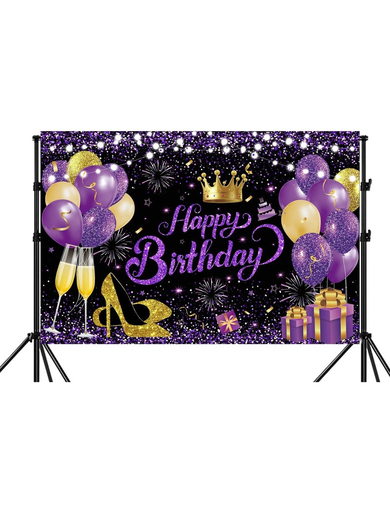 KASTWAVE Happy Birthday Backdrop - Glitter Purple Gold, 180x120 cm (71x47 in) Black, Purple, and Gold Photography Background Cloth, Elegant Birthday Banner and Sign Decoration for Women - Image 2