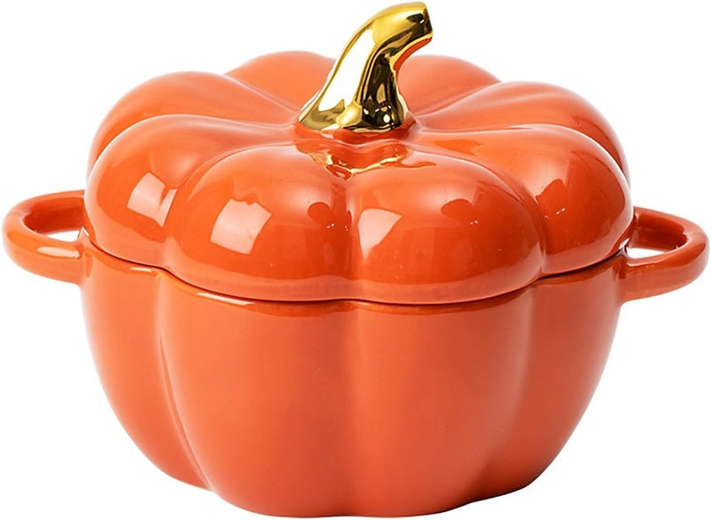 JUSTUP Dutch Oven Pot with Lid, Pumpkin Pottery Dessert Saucepan, Mini Baking Dish Cute Pumpkins Bowl, Covered Dutch Oven Ceramic Stockpot, Pumpkin-Shaped Casserole (Orange) - Image 1