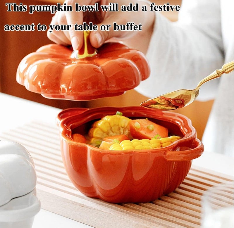JUSTUP Dutch Oven Pot with Lid, Pumpkin Pottery Dessert Saucepan, Mini Baking Dish Cute Pumpkins Bowl, Covered Dutch Oven Ceramic Stockpot, Pumpkin-Shaped Casserole (Orange) - Image 2