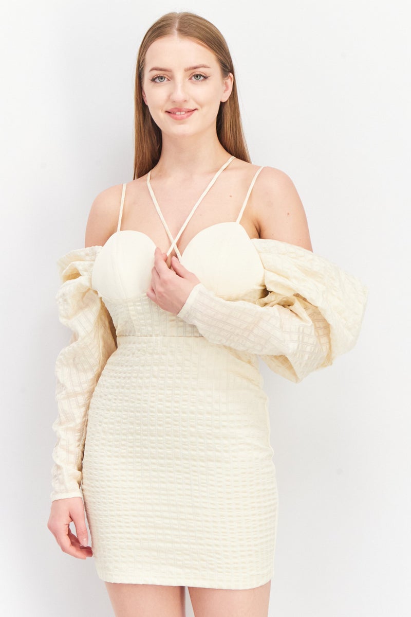 ASOS فستان ميني بأكمام منتفخة ومجعدة للنساء، بيج - Image 1