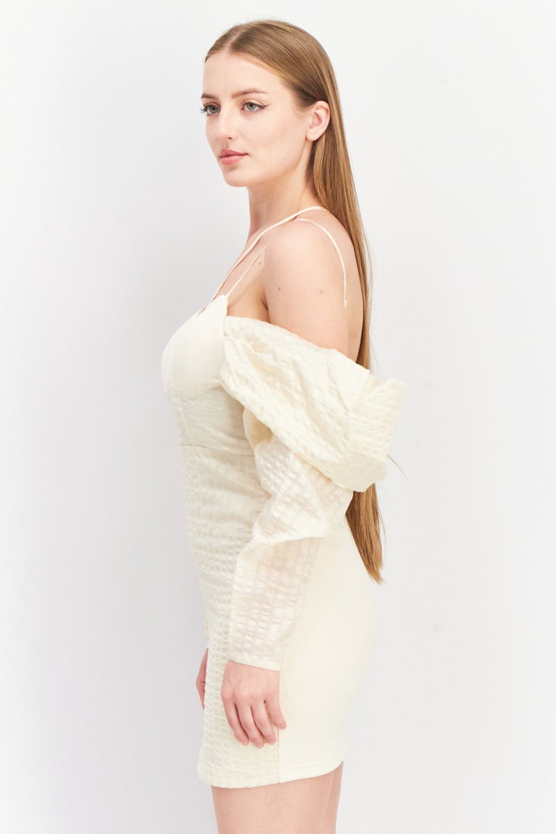 Asos Design Women Pleated Puff Sleeve Mini Dress, Beige - Image 2