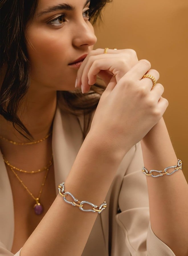 ليلي آند وايت سوار ليلي آند وايت ذهبي للنساء، سوار ذهبي وفضي، سوار ثنائي اللون، سوار بوصلات قابلة للتعديل، أساور سلسلة عصرية، سوار ذهبي أنيق، مجوهرات - Image 3