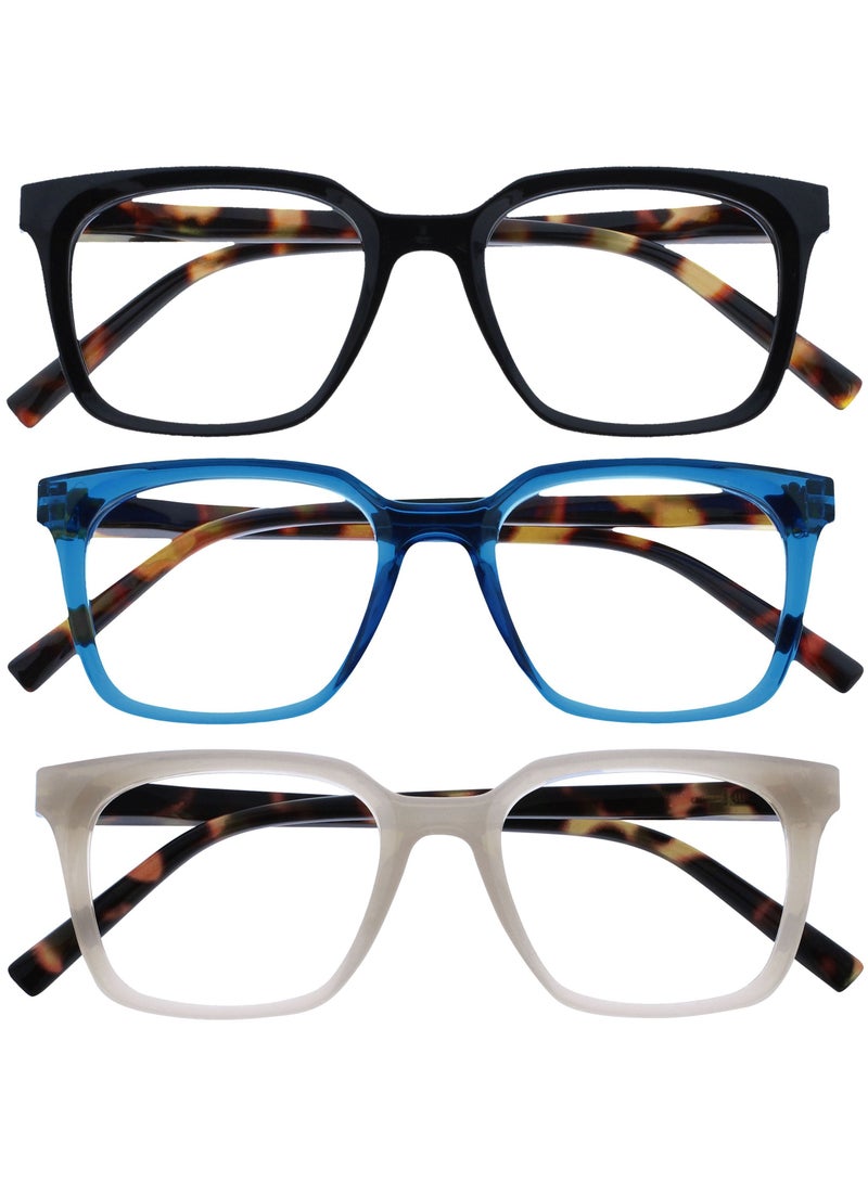OPULIZE KOI Reading Glasses for Women Men,Scratch Resistant Large Rectangular frame with spring hinges, Black, Blue, Grey +2.5 (Pack of 3) - Image 1
