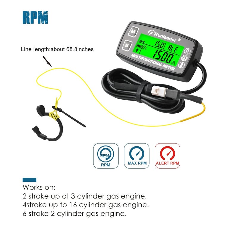 Runleader Digital Hour Meter Tachometer with Engine Temperature Gauge and Alert - Image 3