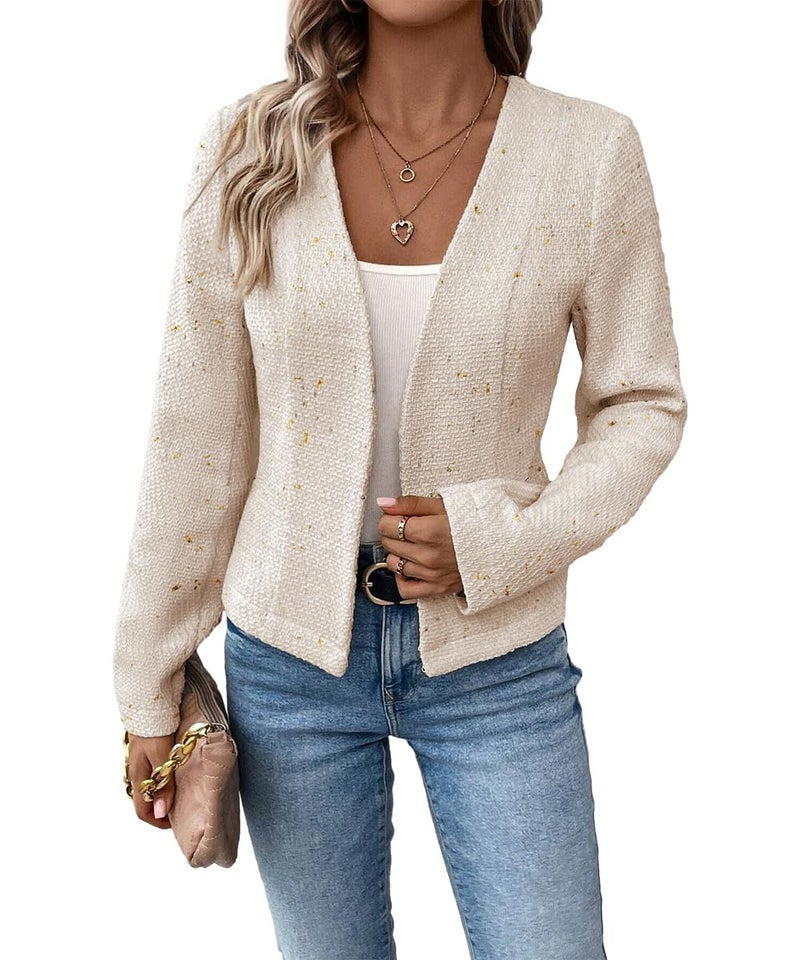 Mina Self Work Clothes for Women 2026 Spring Cream Beige Tweed Short Sweaters New Years Eve Crop Office Work Business Casual Outfits Fashion Collarless Womens Petite Blazer Jacket - Image 2