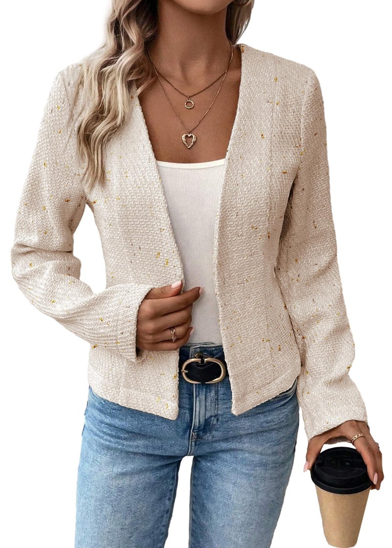 Mina Self Work Clothes for Women 2026 Spring Cream Beige Tweed Short Sweaters New Years Eve Crop Office Work Business Casual Outfits Fashion Collarless Womens Petite Blazer Jacket - Image 1