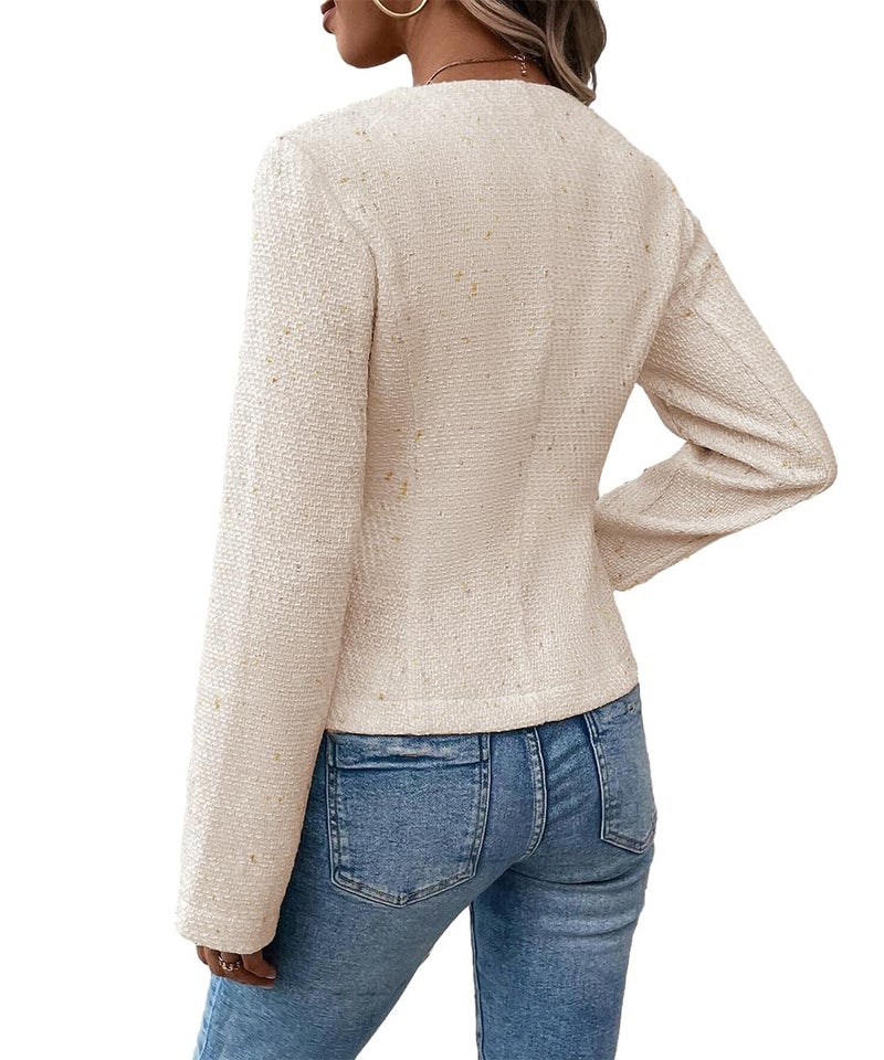 Mina Self Work Clothes for Women 2026 Spring Cream Beige Tweed Short Sweaters New Years Eve Crop Office Work Business Casual Outfits Fashion Collarless Womens Petite Blazer Jacket - Image 4
