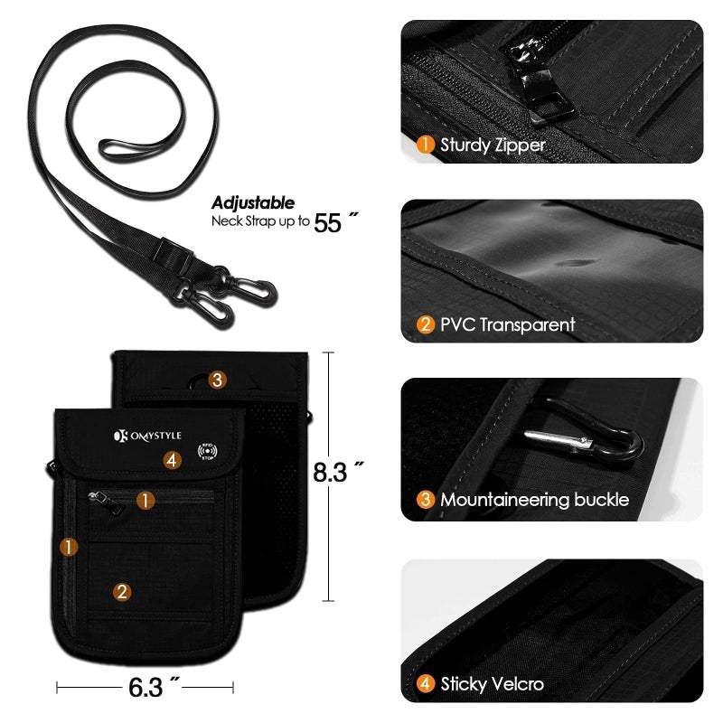 OMYSTYLE OMYSTYLE Neck Wallet, RFID Passport Holder for Travel, Adjustable Neck Strap, Waterproof Neck Pouch for Men & Women to Keep Cash, Credit Cards and Documents Safe, Black (8x6)  - Image 3
