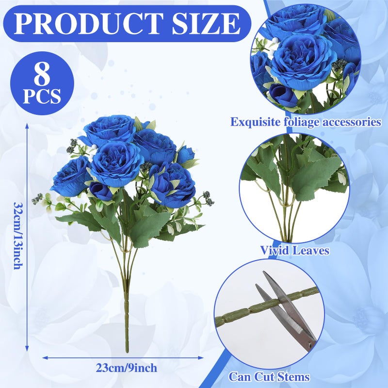 Ovveroche 8 Pack Royal Blue Peonies Artificial Flowers,Fake Silk Hydrangea Bouquet for Bridal Wedding Home Table Decor Reusable Dining Opening Ceremony Birthday Arrangement Faux Floral - Image 2