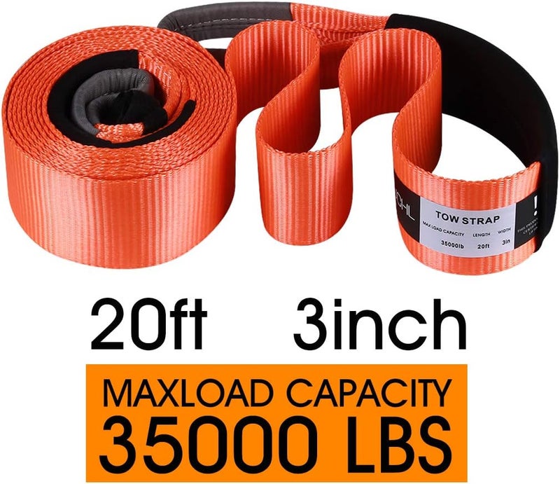 JCHL Recovery Tow Strap Heavy Duty Polyester Recovery Strap 3" x20ft 35000LBS (18TON) Rated Capacity Off Road Towing Rope, Reinforced Loops, Protective Sleeves, Storage Bag Emergency Towing Rope - Image 2