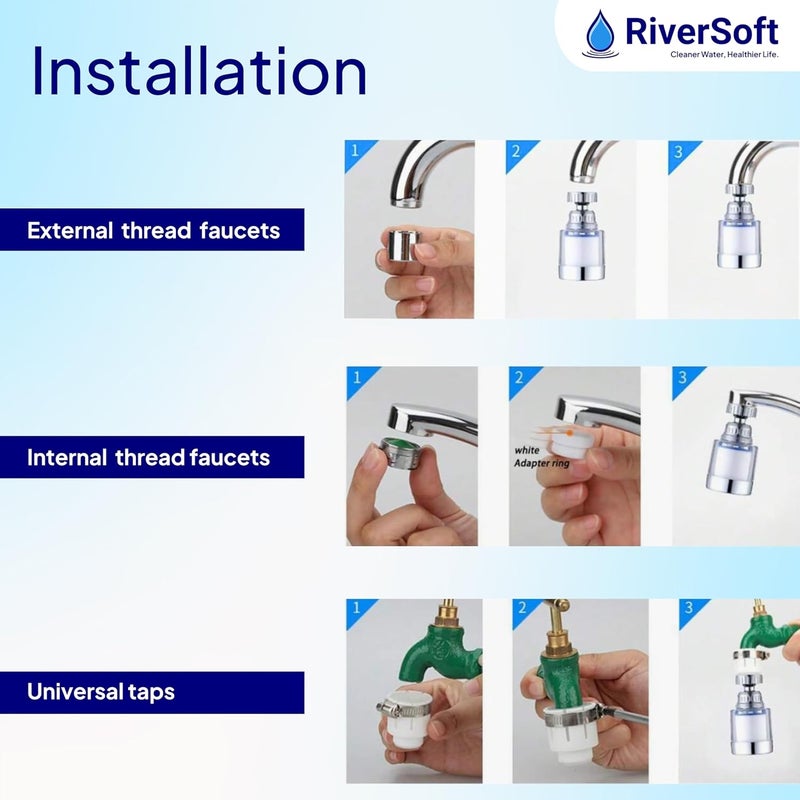 RiverSoft EcoBlu EB-03 360° Rotatable Kitchen Faucet Tap Extender with Filter | 3 Flow Modes | Removes Sediments | with Mineral Balls - Image 3