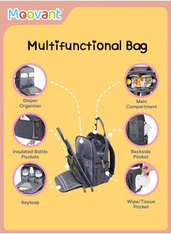 Moovant Baby Diaper Bag, Waterproof Baby Stroller Backpack, Multi-Pocket Diapers Changing Backpacks, Fashion Mommy Backpack, Pregnant Women Travel Baby Care Bags for Newborn Mother/Father, Grey  - Image 2