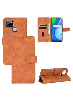 HuHa Case Cover For Realme V3 Solid Color Skin Feel Magnetic Buckle Horizontal Flip Calf Texture PU Leather Case with Holder & Card Slots & Wallet Brown 