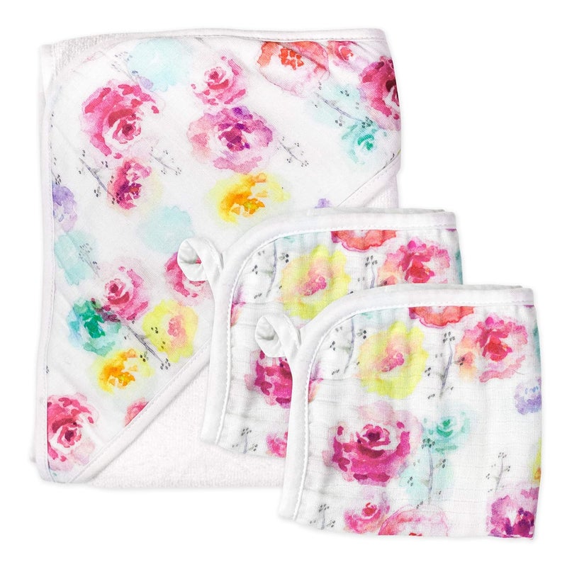 HonestBaby 3Piece Organic Cotton Hooded Towel  Washcloth Set Rose Blossom One Size - Image 1