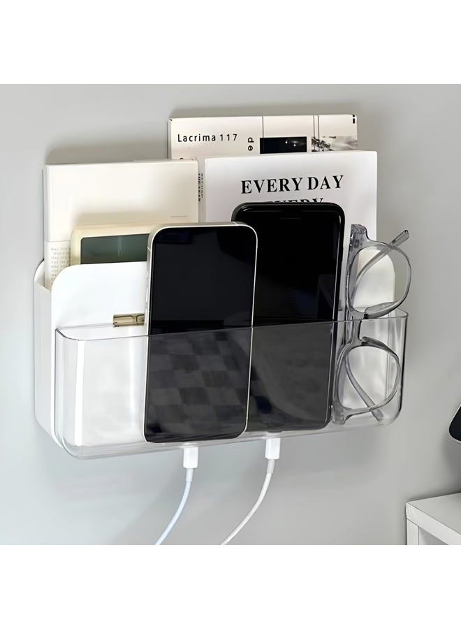 GWEOBZ Adhesive Remote Control Holder Wall Mounted Phone Charging Holder Universal Controller Holder Wall Mount Storage Organizer Box No Drilling Home Office Desk (Bedside Shelf) - Image 1