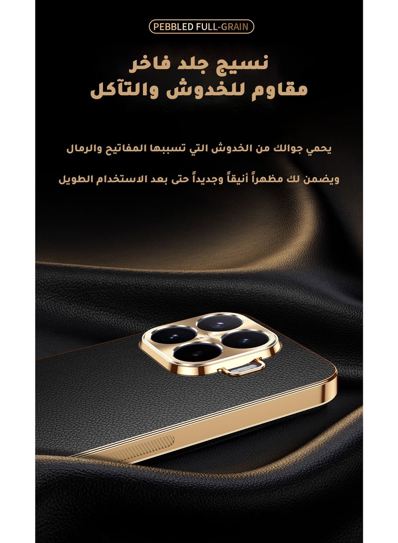 Luxury Leather Case for Xiaomi 17T – Gold Electroplated Frame & Alloy Camera Guard, Shockproof TPU Cover (Black) - Image 4