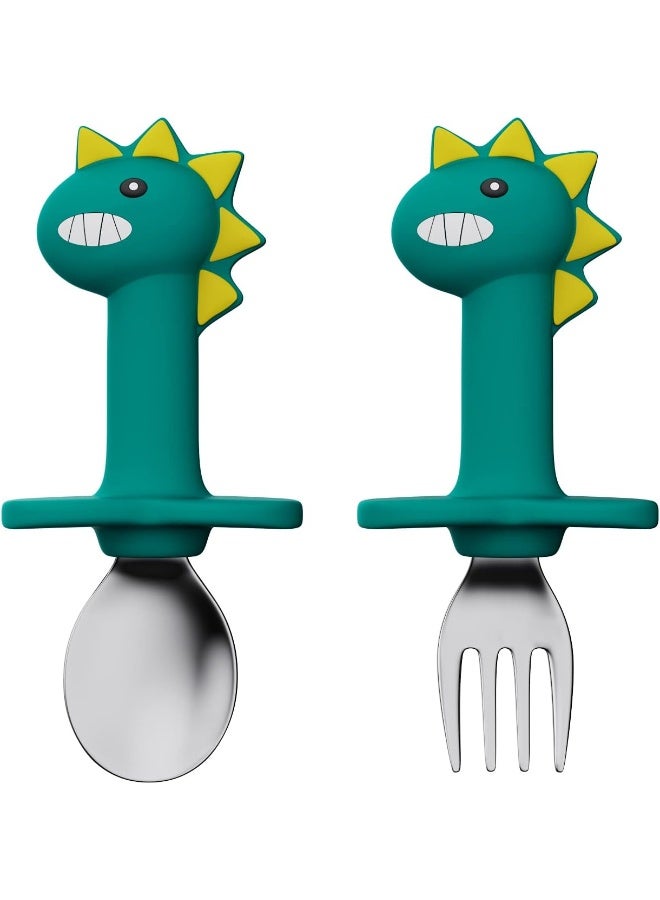 SFCCMM Fork and Spoon Cartoon Set Baby Stainless Children Safe Utensil Set No BPA Spoons Flatware For Kids and Toddler (Green Dinosaur - Short) - Image 1