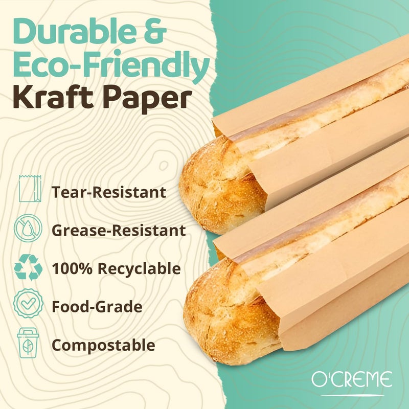 O'Creme Oâ€™Creme 50 Pack Baguette Brown Paper Bag w/Clear Front Window, Bakery Storage Bags for Homemade and Long French Bread (23â€x4â€) Includes 50pcs Seal Stickers - Image 5