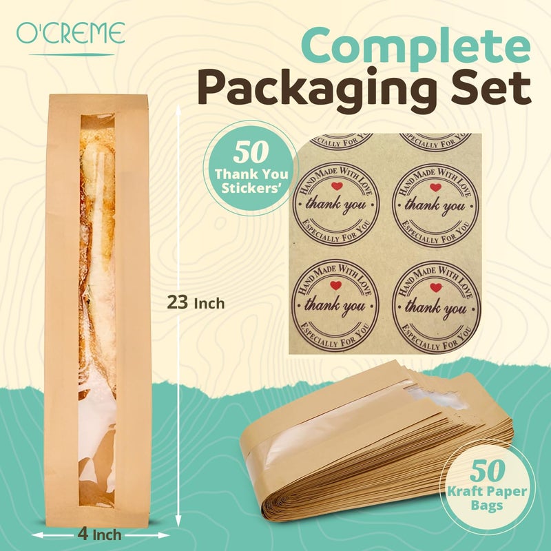 O'Creme Oâ€™Creme 50 Pack Baguette Brown Paper Bag w/Clear Front Window, Bakery Storage Bags for Homemade and Long French Bread (23â€x4â€) Includes 50pcs Seal Stickers - Image 3