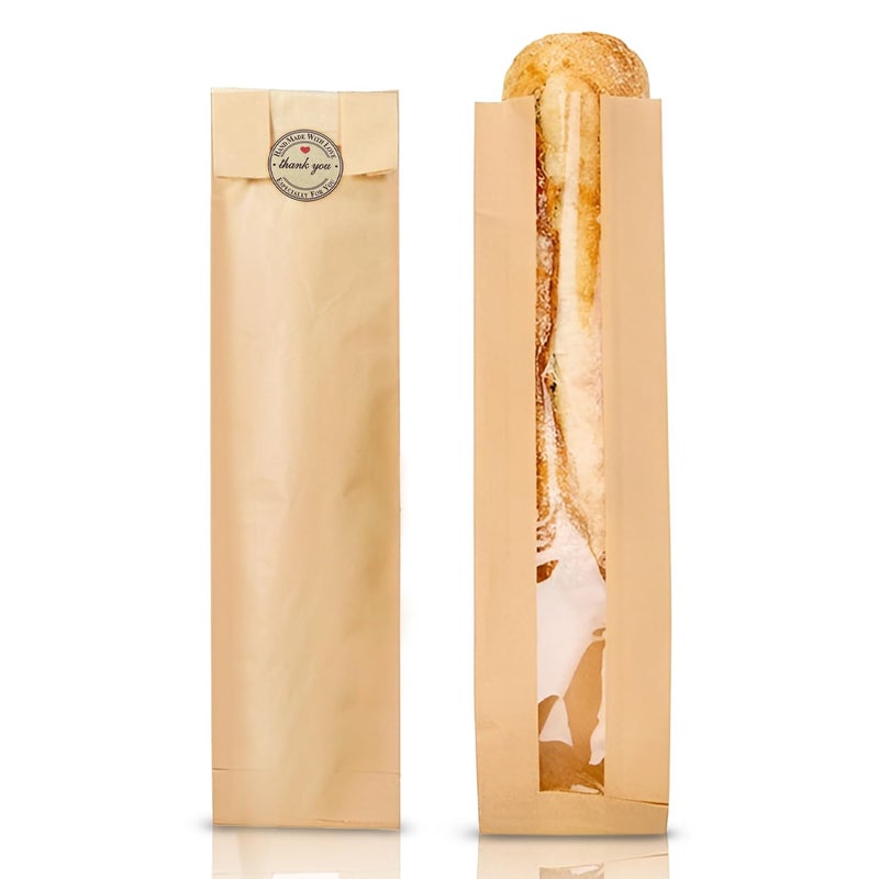 O'Creme Oâ€™Creme 50 Pack Baguette Brown Paper Bag w/Clear Front Window, Bakery Storage Bags for Homemade and Long French Bread (23â€x4â€) Includes 50pcs Seal Stickers - Image 2