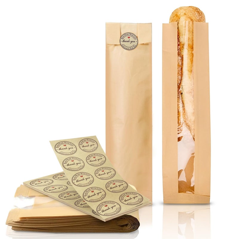 O'Creme Oâ€™Creme 50 Pack Baguette Brown Paper Bag w/Clear Front Window, Bakery Storage Bags for Homemade and Long French Bread (23â€x4â€) Includes 50pcs Seal Stickers - Image 1