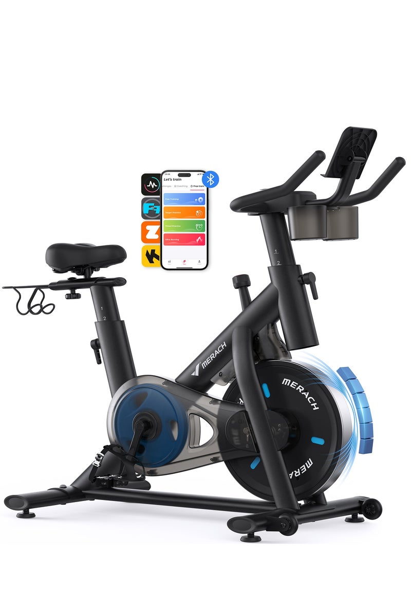 MERACH Exercise Bike, Brake Pad Stationary Bike with Exclusive App, Low Noise Indoor Cycling Bike with 300lbs Weight Capacity, Tablet Mount and Fitness Courses for Weight Loss - Image 1
