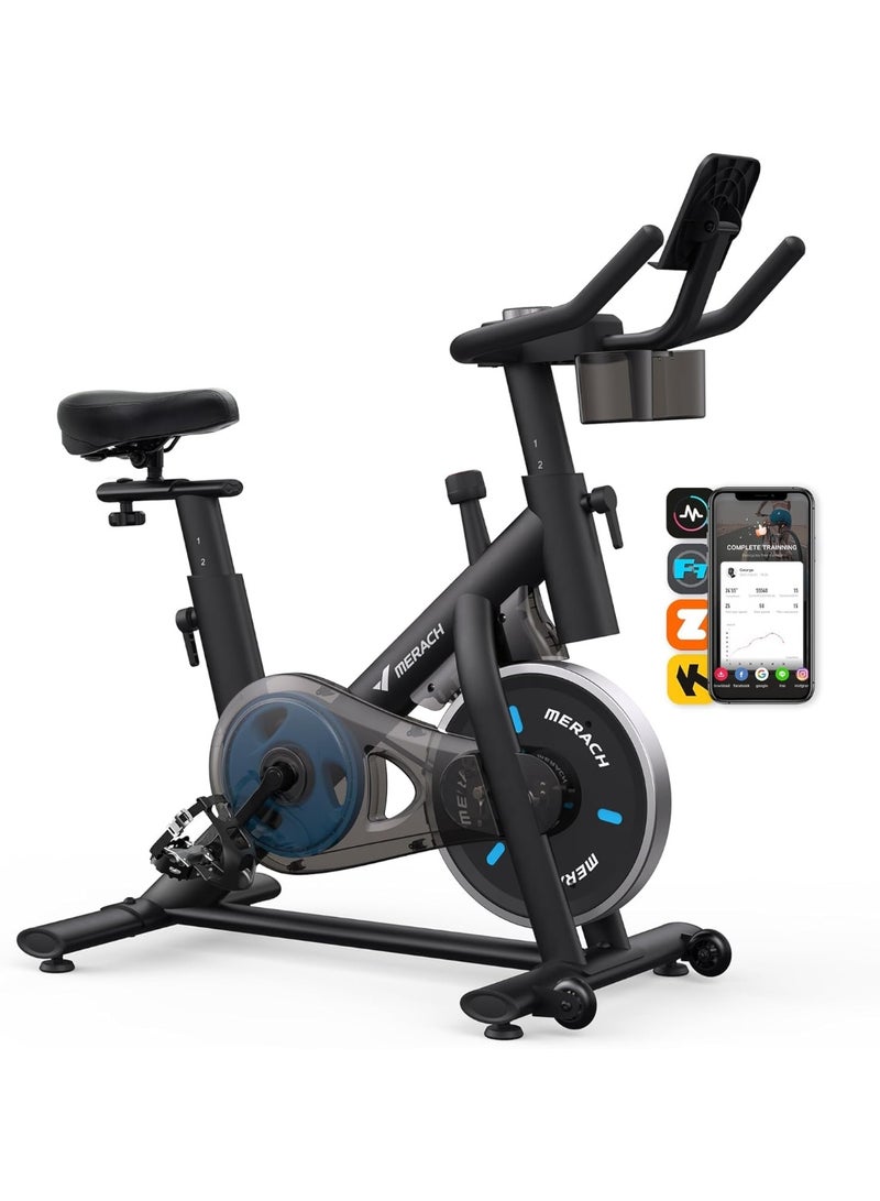 MERACH Exercise Bike, Brake Pad Stationary Bike with Exclusive App, Low Noise Indoor Cycling Bike with 300lbs Weight Capacity, Tablet Mount and Fitness Courses for Weight Loss - Image 1