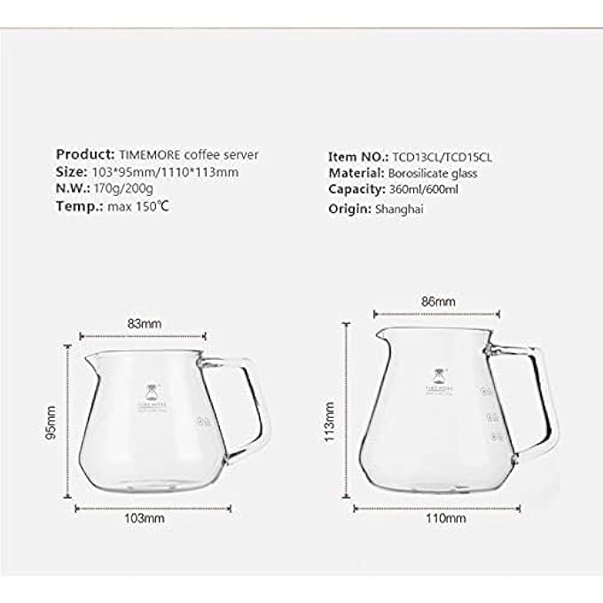 تايم مور خادم القهوة الزجاجي 360 مل إبريق مقاوم للحرارة لزجاج البوروسيليكات V60 صب فوق زجاج بوروسيليكات خالي من التقطير آمن في غسالة الصحون مثالي للتخمير يدويا في المنزل أو القهوة شفافة بحجم 01 - Image 5