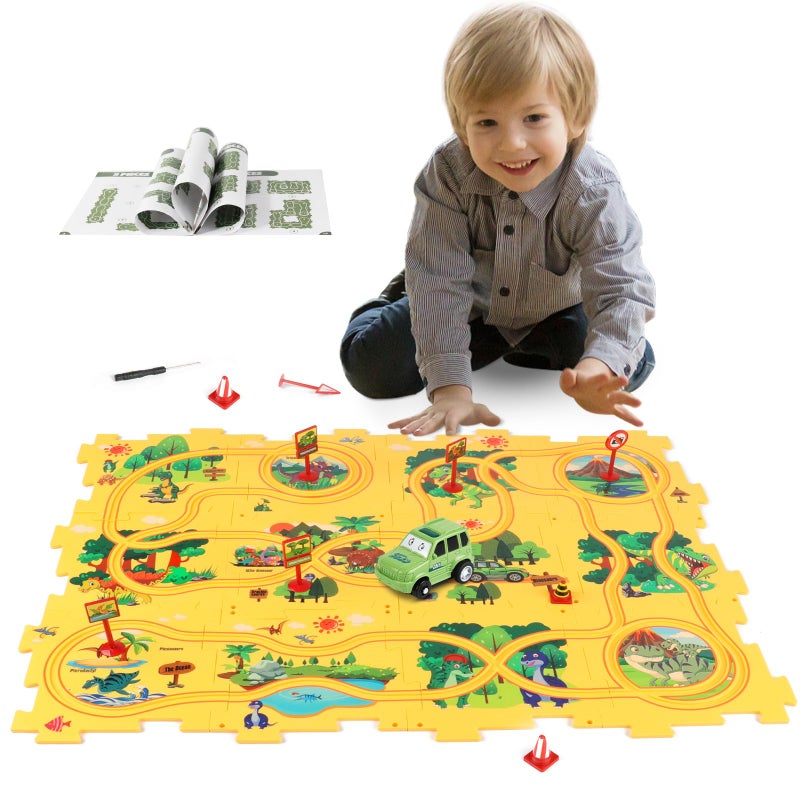 YOOYID Plastic Dinosaur Puzzles for Kids with A Cute Car, Montessori Toys for 3 4 5 6 Year Old Boys, Race Tracks for Kids 3-5, Toddler Puzzle Track Play Set, Gifts for 3 4 5 6 Year Old Boys Toys - Image 1
