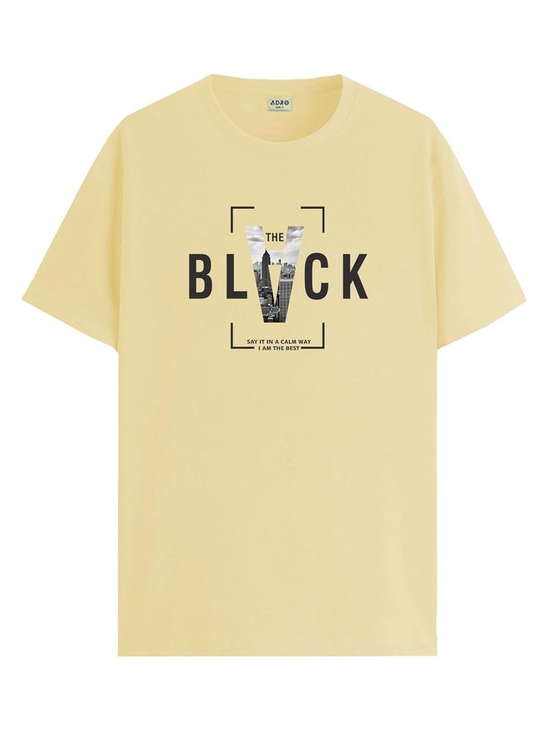 ADRO Men's Regular Fit Light Yellow Graphic T-Shirt with Bold BLVCK Design - Image 1