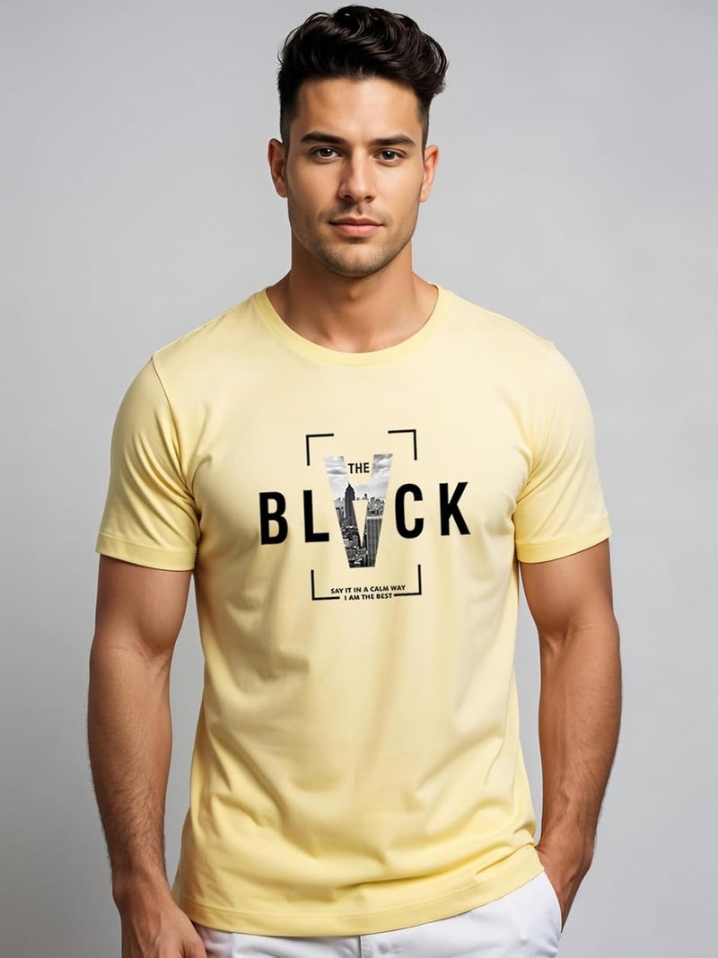 ADRO Men's Regular Fit Light Yellow Graphic T-Shirt with Bold BLVCK Design - Image 2