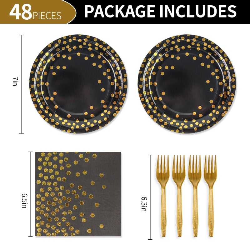 KFJBPB 48PCS Black and Gold Plates and Napkins Party Supplies  Gold Dot Disposable Paper Plates and Napkins with Forks Tableware Set for Birthday Wedding Retirement Graduation Party Decorations 16 Guests - Image 2